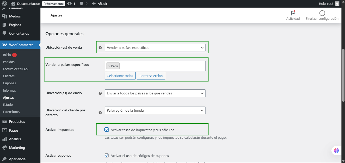Activar impuestos